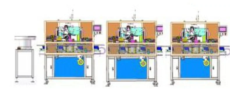 Three winding and taping units linked behind a vibratory bowl feeder